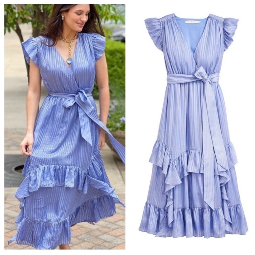 MARIE OLIVER Silk Uma Ruffle Midi Dress in Blue Jay Size M - Picture 3 of 13